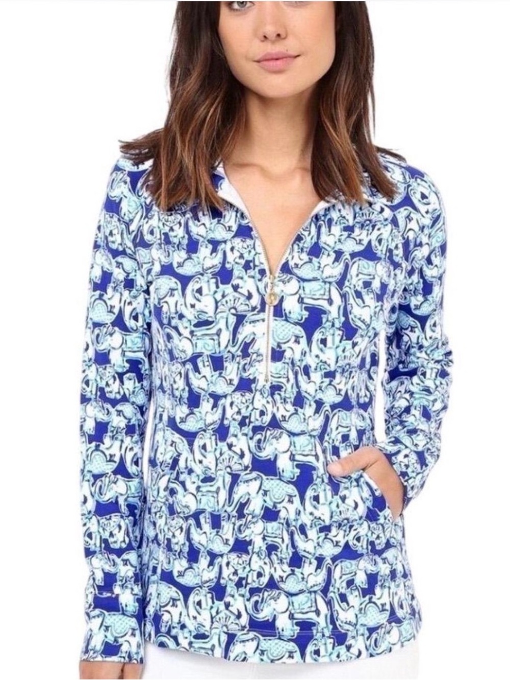 Lilly Pulitzer Half Zip Skipper Popover In Get Trunky Elephants Print Women Sz S